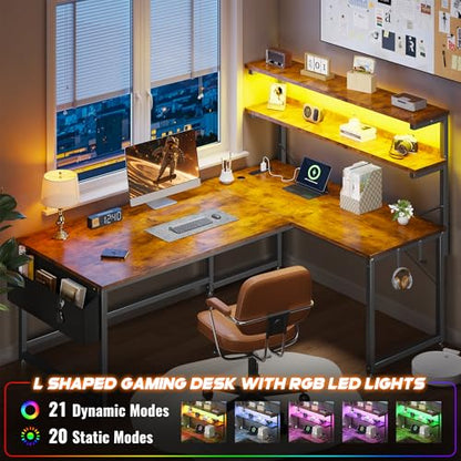 53"L Shaped Desk with Storage Shelf,Side Bag,Hook for Small Space