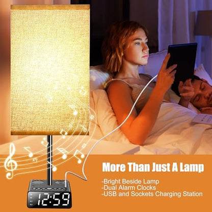 Touch Control Nightstand Light,Bedside Lamp with Alarm Clock&Charging Station - 2 Alarm Clock+ 2AC + 1USB-A + 1USB-C,Lamps with USB Ports and Outlets,3-Level Dimmable Touch Lamp