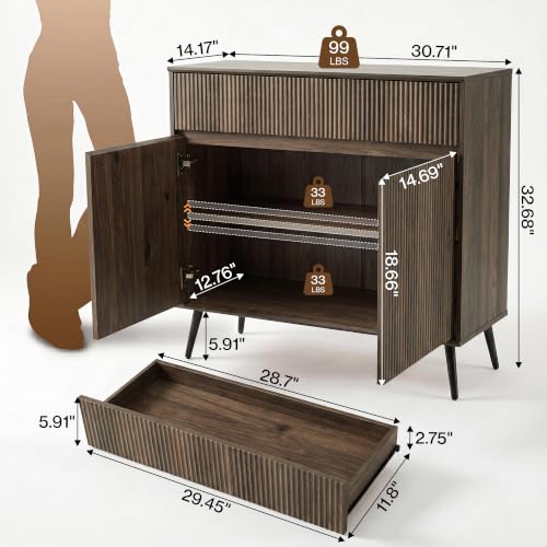 92" Large Fluted Sideboard Buffet Cabinet, Walnut.