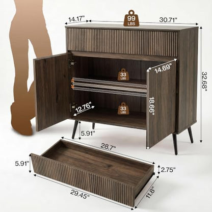 92" Large Fluted Sideboard Buffet Cabinet, Walnut.