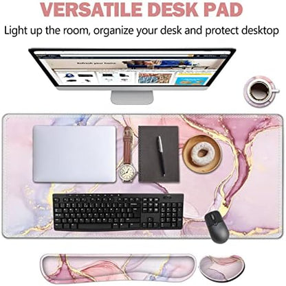 AIMSA Large Gaming Mouse Pad Set, Keyboard Wrist Rest Support Mouse Pad, Ergonomic Memory Foam Multifunctional Extended Desk Mat 35x15.7in Anti-Slip Rubber Base for Office Home, Pink Purple Marble