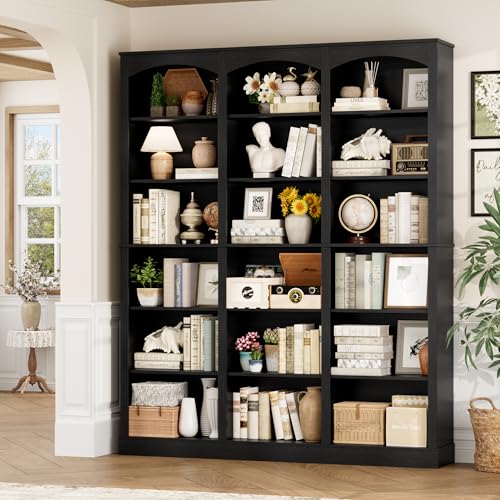 71" Triple Wide Bookshelf, 6 Tier Large Arch Black Bookcase