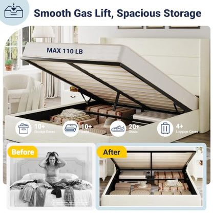Queen Size Chenille Lift Up Hydraulic Storage Bed Frame Cream White