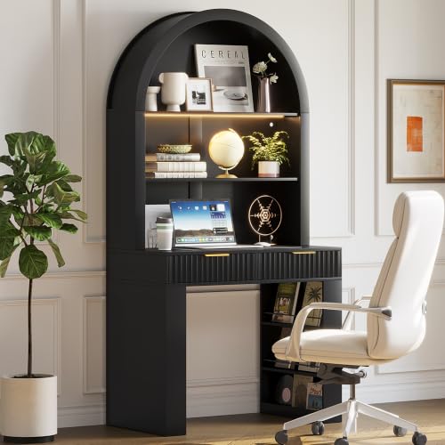 35.4" Arched Writing Desk with Hutch & Power Outlet for Home Office