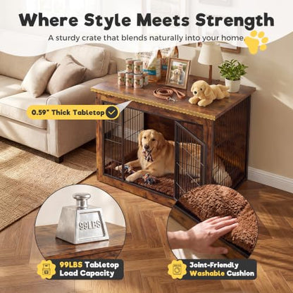 3-in-1 Wooden Dog Crate Furniture, Side Table & Kennel with Cushion