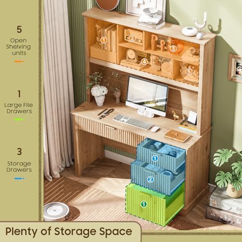 Fluted Computer Desk with Hutch, Wood Executive Desk with Ample File Drawer, Home Office Desk with Drawers for Study, Bedroom, Living Room, Natural
