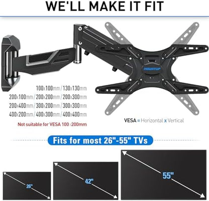 MOUNTUP Height Adjustable TV Wall Mount for 26-55 Inch TVs, Spring Arm Full Motion Articulating TV Bracket Mount with Smooth Swivel Tilt & Safe Corner Installation, 400x400mm VESA, 11-66 lbs