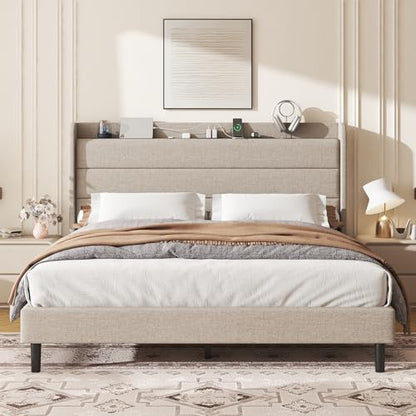 King Linen Multifunctional Bed with Charging Station & Storage Headboard