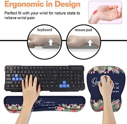 Ergonomic Mouse Pad Wrist Support and Keyboard Wrist Rest Set with Coasters, Non-Slip PU Base, Easy Typing & Pain Relief, Perfect for Home Office Working Studying, Floral Quote Bible Verse Psalm 46:5
