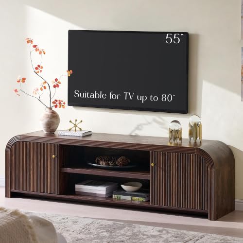 70" Modern Fluted TV Stand with Storage, Dark Walnut