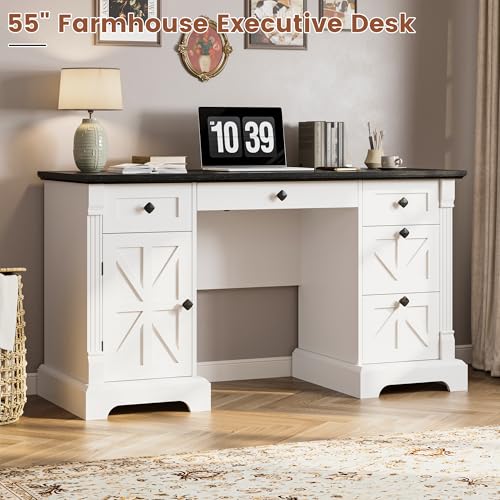 55'' Farmhouse Executive Desk with Drawers, White