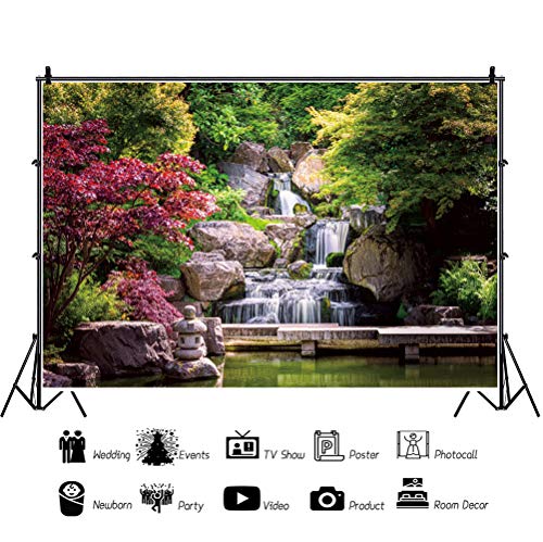 15x10ft Japan Garden Landscape Backdrop Retro Style Park View Photography Background Waterfall Maple Trees Bridge Kyoto Garden Travel Children Adult Portrait Photo Studio Props Wallpaper - size: 15x10ft