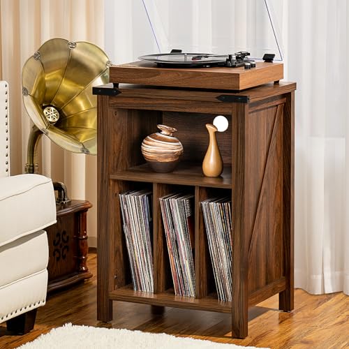 Record Player Stand with Vinyl Record Storage,Rustic Brown