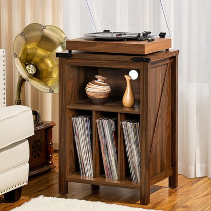 Record Player Stand with Vinyl Record Storage,Rustic Brown
