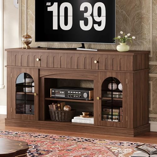 TV Stand for 65 Inch TV with Charging Station, Walnut Brown