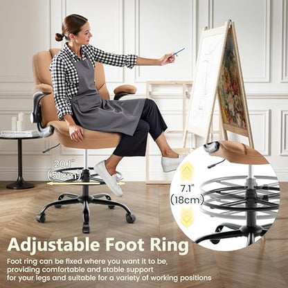 Drafting Chair 500Lbs, Tall Office Chair for Standing Desk, High PU Leather Executive Office Chair with Flip-up Armrests, Ergonomic High Chair with Adjustable Foot Ring, Comfy Stool Chairs, Brown