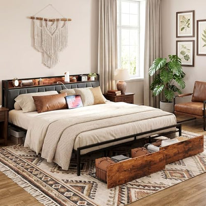 California King Size Bed Frame with 2 Drawers and Charging Station
