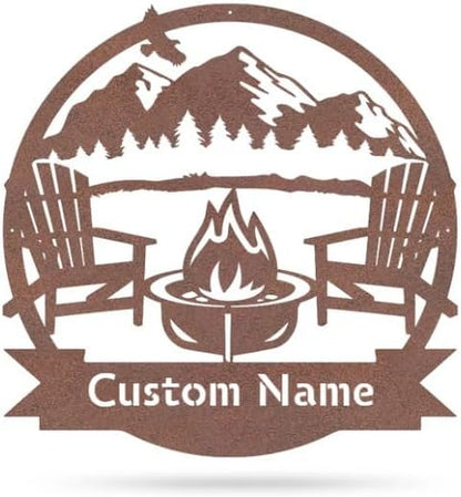 RealSteel Personalized Mountain Campfire Monogram Metal Sign – Custom Family Name Rustic Wall Art for Cabin, Campground, RV & Backyard Fire Pit – Outdoor Camping Décor – Unique Personalized Gift – USA