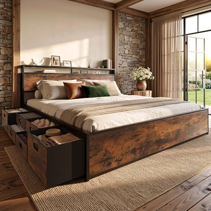 King Size Bed Frame with 12 Fabric Drawers and Headboard