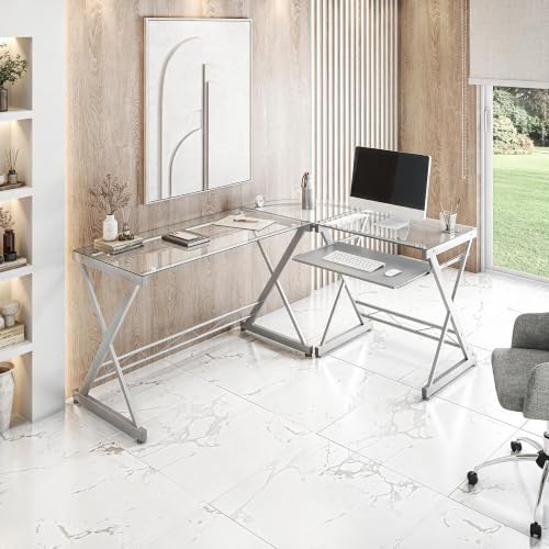 L Shaped Desk with Keyboard Tray & Tempered Glass Desktop