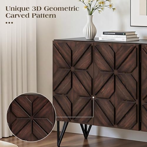 63" Solid Wood Buffet Cabinet with Geometric Doors, Dark Walnut