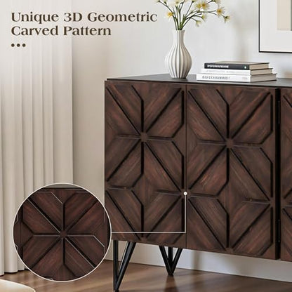 63" Solid Wood Buffet Cabinet with Geometric Doors, Dark Walnut