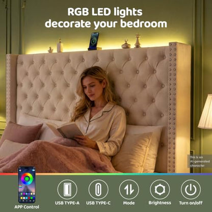 Queen Upholstered Bed Frame with RGB LED Lights and Charging Station