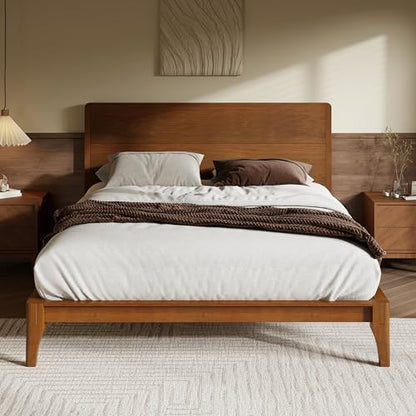 Full Size Bamboo Platform Bed Frame with Tall Headboard, Brown