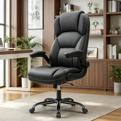 PU Leather Office Chair Desk Chair with Flip-up Armrests, Black