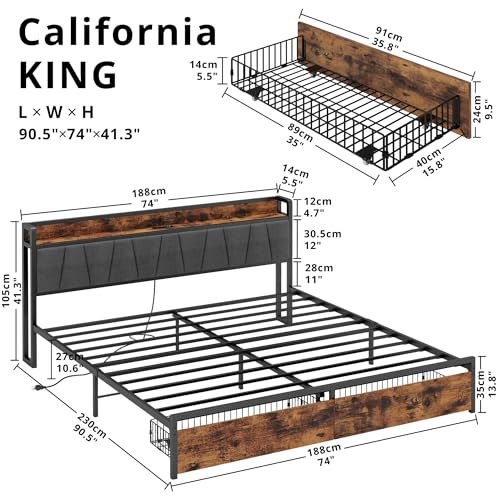 California King Size Bed Frame with 2 Drawers and Charging Station