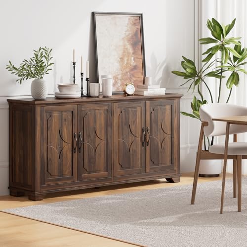 63 Inch Buffet Cabinet with Storage, 4 Carved Doors, Brown