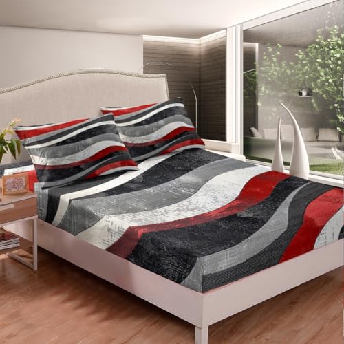 Red and Gray Bed Sheet Set Modern Abstract Art Fitted Sheet for Kids Boys Girls Teens Retro Circle Bedding Set Swirl Bed Cover 2Pcs with 1 Pillow Case Twin Size - color: Multi Aa04, size: Twin