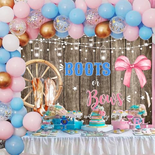 Sensfun Boots or Bows Gender Reveal Backdrop Boy or Girl Baby Shower Party Decorations Rustic Wooden Cowboy Boots Pink Bow Photography Background Western Gender Reveal Banner Photo Booth Props 10x7ft - size: 10x7ft