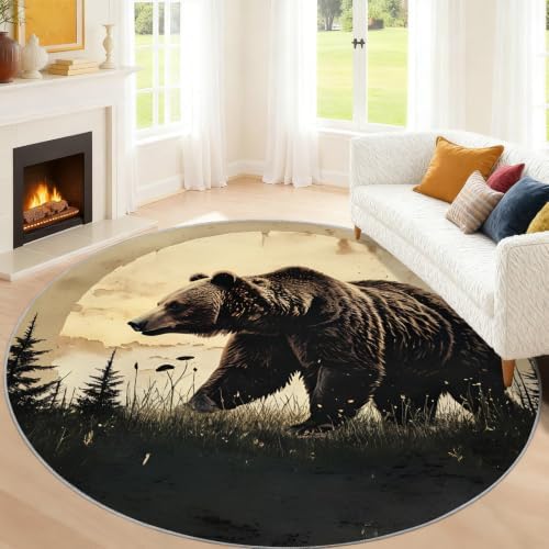 Bear Round Area Rug - 6.6ft Western Bear Round Rug for Living Room, Wildlife Circle Rugs Soft Non-Slip Carpet for Bedroom Kiks Room Dining Table Decor Mat