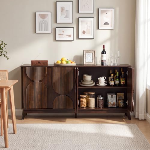63 Inch Mid Century Modern Fluted Sideboard Buffet Cabinet Dark Walnut