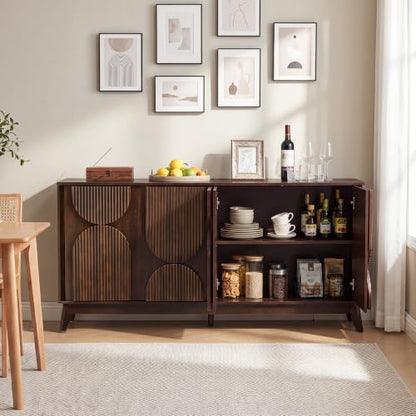 63 Inch Mid Century Modern Fluted Sideboard Buffet Cabinet Dark Walnut