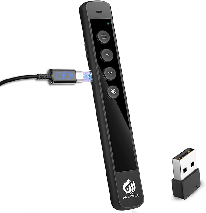 AMERTEER Wireless Presenter Remote – Presentation Clicker with 2.4GHz RF Hyperlink & Volume Control, Built-in Rechargeable Battery, Compatible with Keynote, PowerPoint, Mac, PC, and Laptops