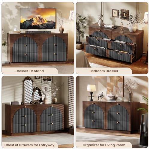 Arched Fluted Dresser for Bedroom 6 Drawers 55" Wide Walnut Black