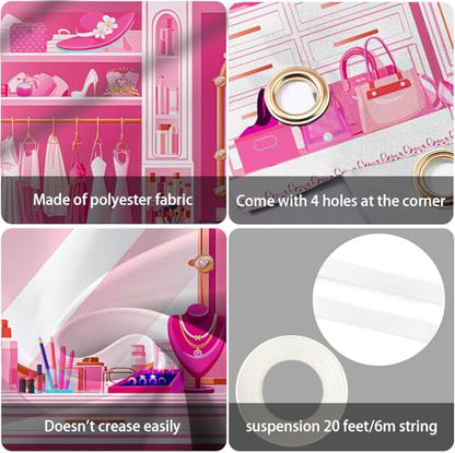 HANYING Pink Princess Cloakroom Backdrop,7x5ft Cartoon Girly Vanity Table Makeup Photography Background,Girls Birthday Baby Shower Photo Backdrop,Portrait Studio Props,HY0135YL - size: 7x5ft