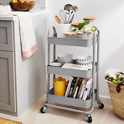 3-Tier Rolling Utility or Kitchen Cart, Lockable Wheels, Multifunctional Storage, Mobile Shelving Unit, Metal Storage Organizer, Charcoal