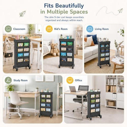5-Tier Rolling Bookshelf Cart with Wheels, Black