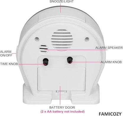 FAMICOZY 4.5" No Ticking Analog Alarm Clock,Silent Readable for Seniors,Easy to Set,Gradual Rise Alarm,Big Numbers,On/Off Switch on Side,Gentle Wake,Snooze Soft Backlight,Battery Operated,White