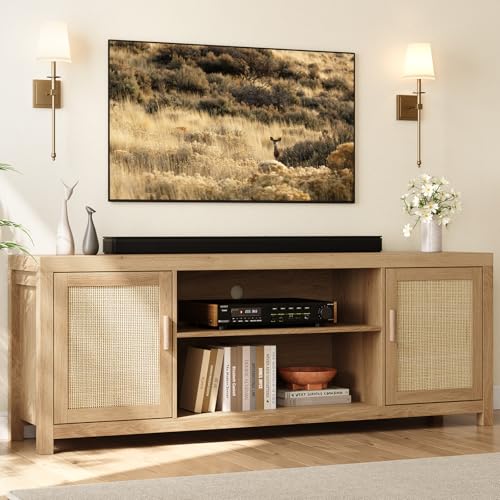 Rattan TV Stand 66In for 75 inch Natural Oak