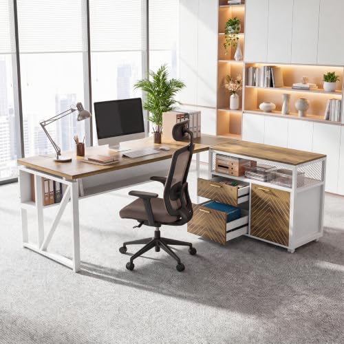 63" Executive Desk with Drawer Cabinet, L-Shaped Desk, Walnut