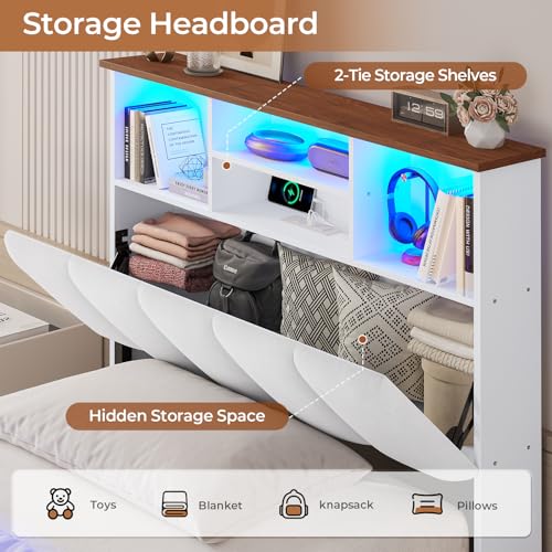 Twin Size Bed Frame with Storage Headboard & 4 Drawers, LED Lights, White
