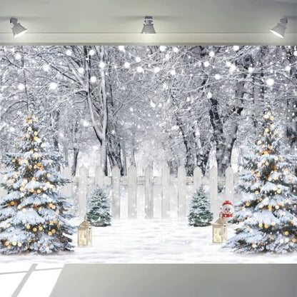 8x10ft Christmas Backdrop Winter Snow Forest White Fence Background Christmas Trees String Lights Lantern Snowman Photography Backdrop Holiday Party Banner Home Decor 115 - size: 10 x 8ft