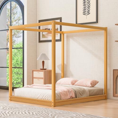 GDFStudio Queen Size Canopy Platform Bed with Support Legs, Solid Pine Wood and MDF Frame, Slat Support No Box Spring Needed, Modern Canopy Bed Frame, Natural