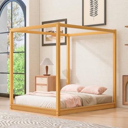 GDFStudio Queen Size Canopy Platform Bed with Support Legs, Solid Pine Wood and MDF Frame, Slat Support No Box Spring Needed, Modern Canopy Bed Frame, Natural