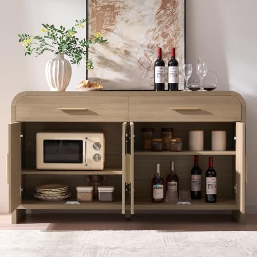 59" Sideboard Buffet Cabinet with Storage, 4 Doors Cabinet Natural Oak