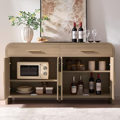 59" Sideboard Buffet Cabinet with Storage, 4 Doors Cabinet Natural Oak